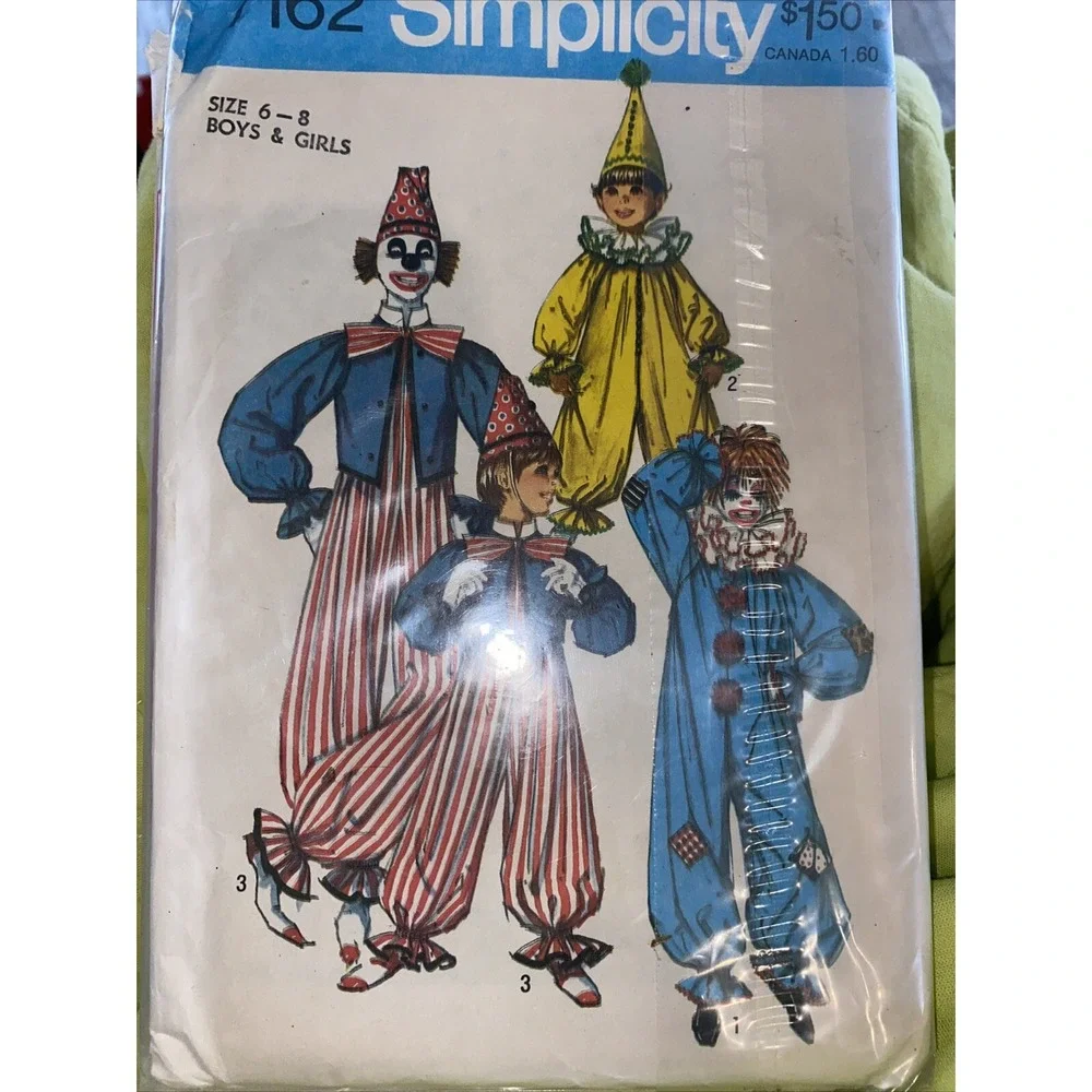 Simplicity 7162 Vintage Clown Costume Sewing Pattern Kids Boys Girls Size 6-8